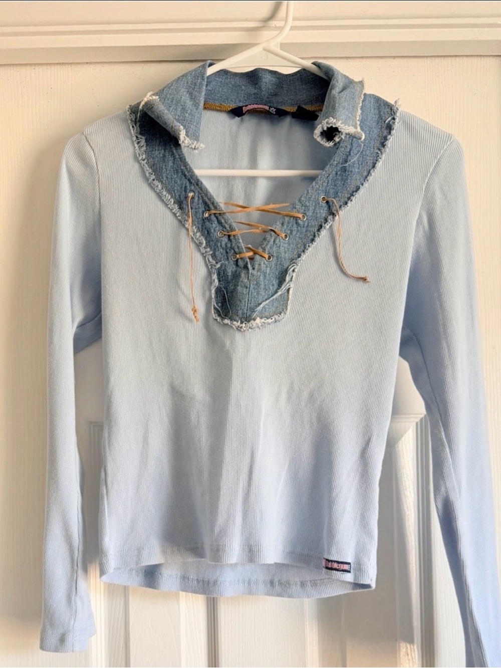 Rare Vintage Bubblegum USA Y2K 2000’s Ribbed Lace Up Denim Collar Top M